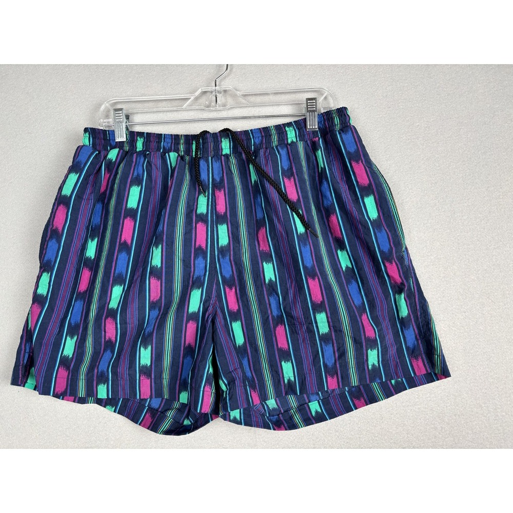 Pacific Scene Swim Trunks Mens Large Blue Multicolor Nylon Mesh Lined Drawstring